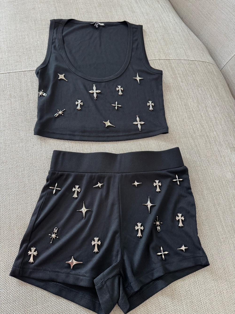 Fashion Nova Black Ribbed Studded Bike Shorts